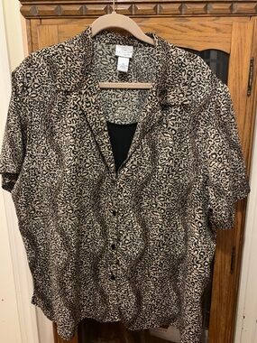 Button Front Animal Print Blouse in Black and Tan